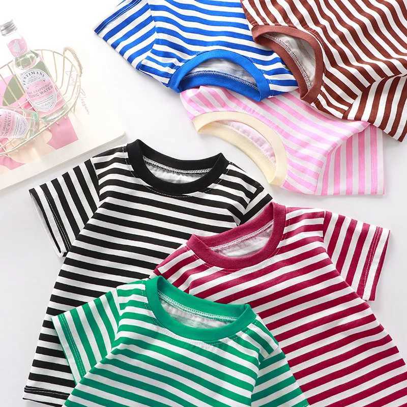 Childrens Short-Sleeved Tees Boys Girls 2024 Summer New Striped T-Shirt Baby Bottoming Shirt Casual Clothes Kids Tops 1-7YearsT250306