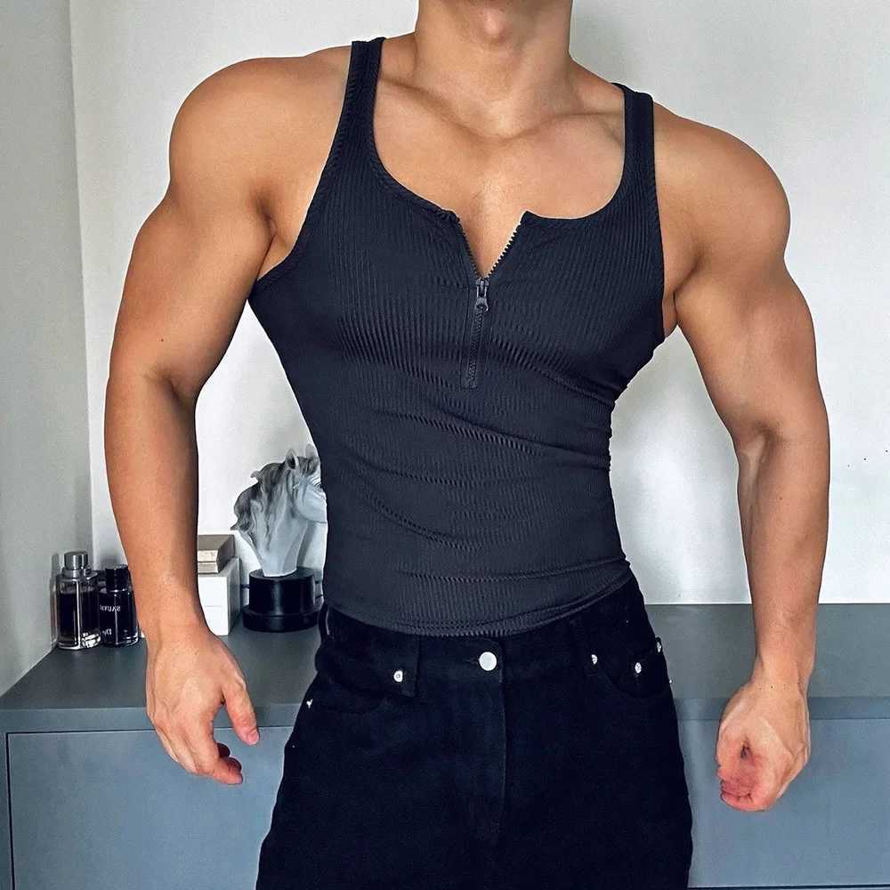 Mens Vest Gym Sports Sexy Half Zip Tank Tops Summer Casual Jogging Streetwear Training Tight Sleeveless Tops Menswear 2024T250318