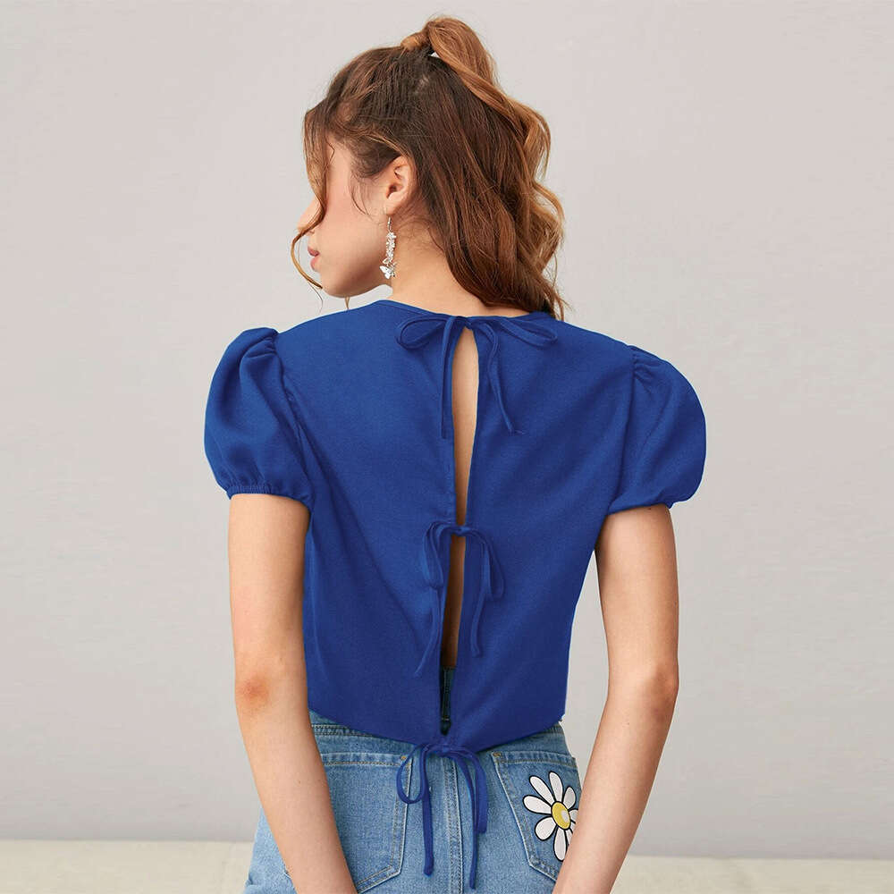 Women's New Bubble Sleeve French Short Pullover Countryside Style Solid Color Round Neck Top KLMY