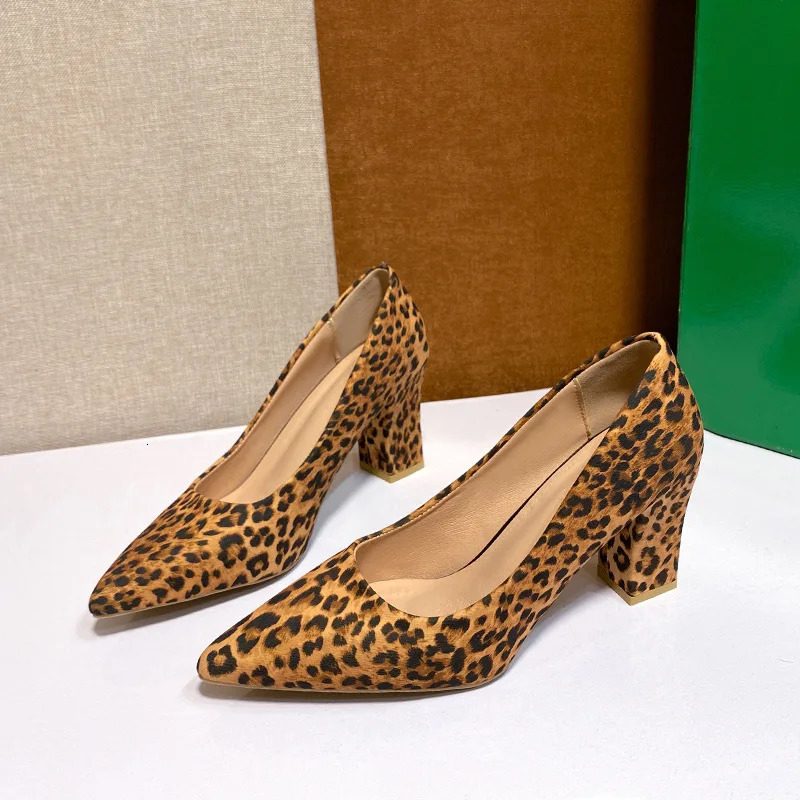 Woman Fashion Leopard Pointed Toe Pumps Women Cloth/Leather Chunky High Heels Sexy Slip On Female Shoes Big Size 42 250306