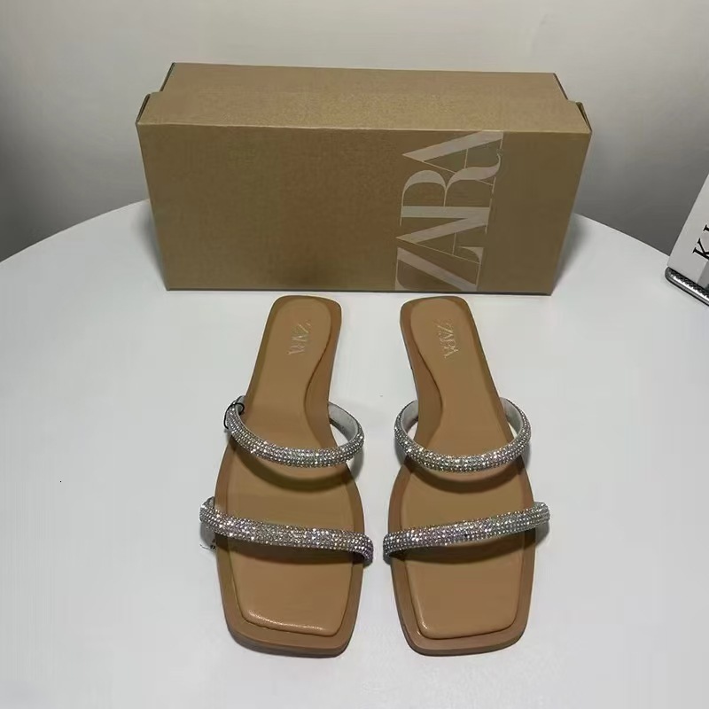 Summer New Style Empty Back Square Toe Fashion Straight Strap Flat Sandals Designer Women's Multifunctional Flat Bottom Fairy Vacation Beach Slippers