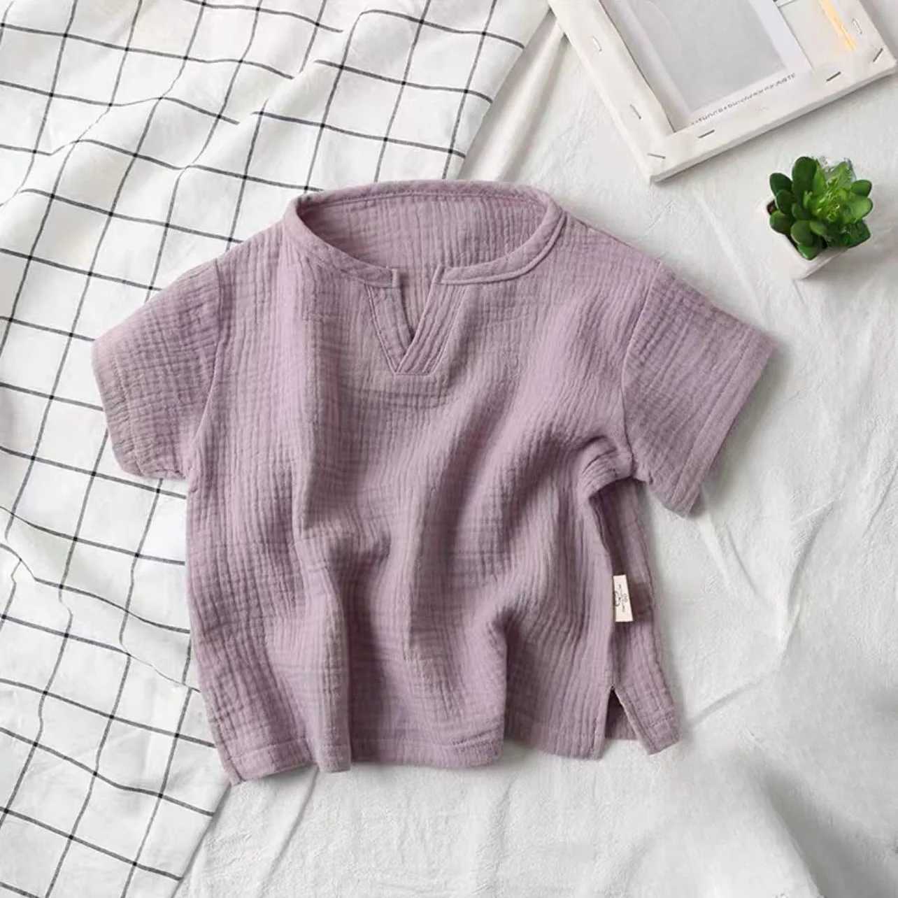 0-8Yrs 100%Cotton Childrens T-shirt for Boy and Girls Muslin Tops Shirts 2025 V Neck Short Sleeve Boys Tees Kids Girls ClothesT250306