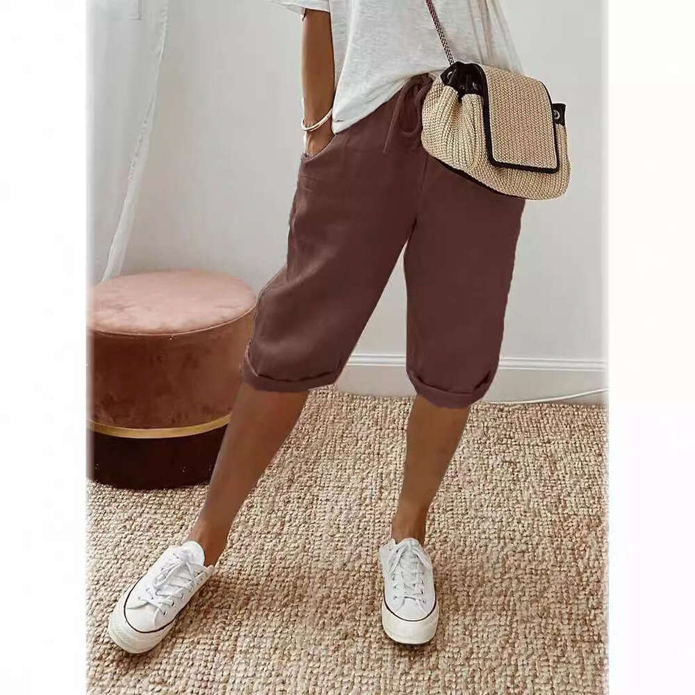 European American cotton en pocket elastic casual women's five quarter pants 2025 new style chic and elegant clothing