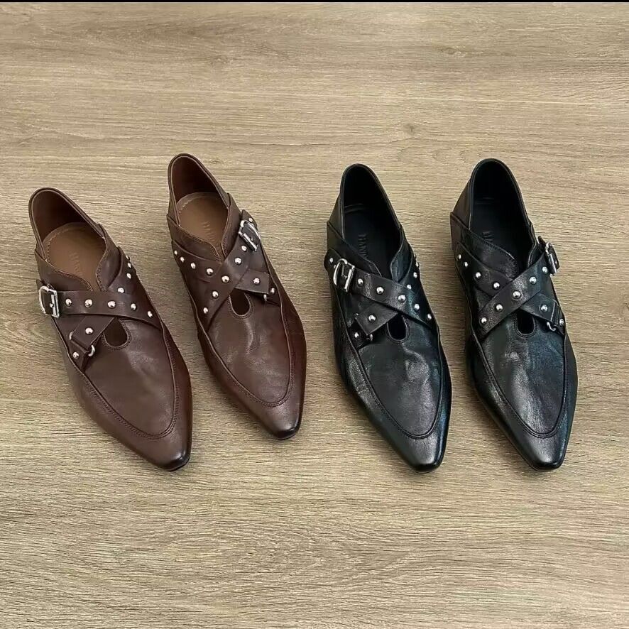 High end genuine leather 2025 new model, two in one, niche design, belt buckle, willow nail single shoe, women's flat bottom, Mary Jane