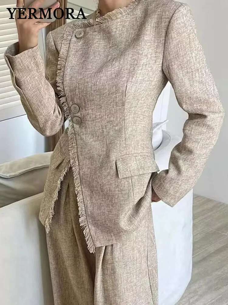 YERMORA Women Two-Piece Suit Irregular Tassel Blazer O-Neck Long Sleeve Fashion Tide Wide Leg Pants Spring Autumn 2025 New A236