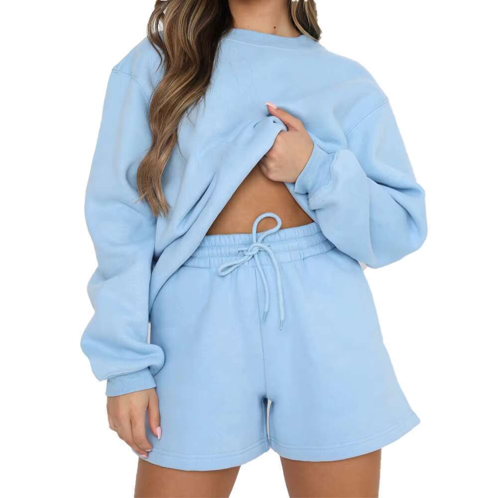 OEM Custom Oversized Cotton Jogger 2 Piece Sets Women Crew Neck Shorts Set Sweatshirt