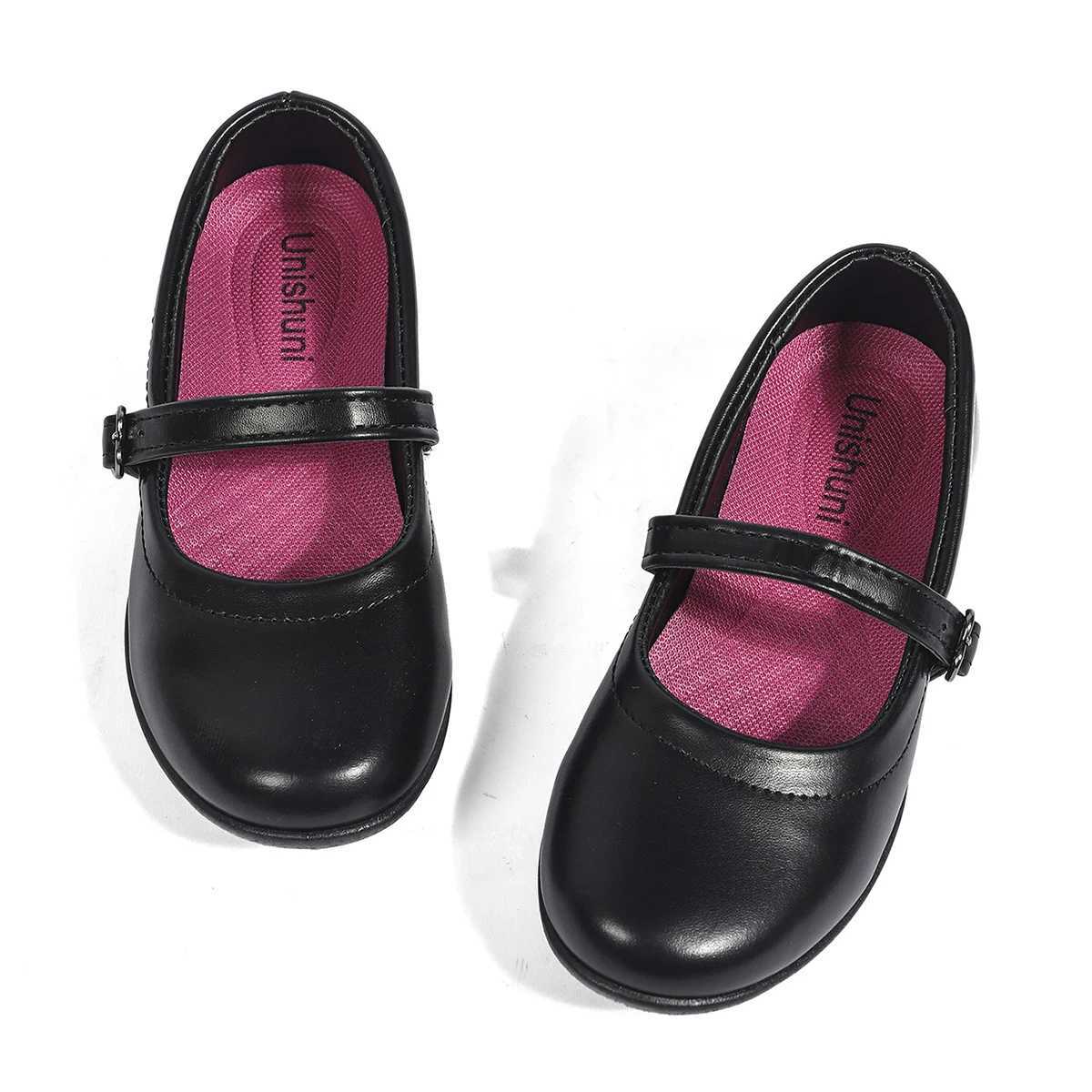Unishuni Girls Mary Jane School Uniform Shoes Children Black Dress Shoe Kids Lightweight Soft Flats with Velcro Closure 25-36T250306