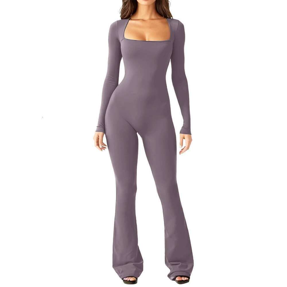 New Women Autumn Long Sleeved Square Neck Slim Fit Flared Bodycon Pants Romper Playsuit Elegant Simple Women's Jumpsuit KLMY