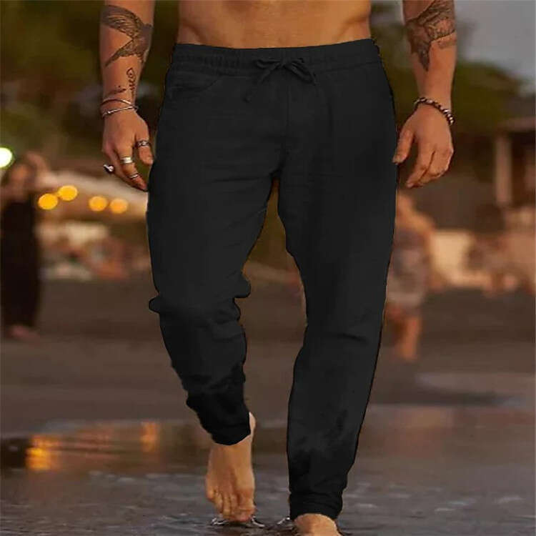 European and American men's solid color drawstring cotton en loose beach pants 2025 new casual versatile fashion clothing