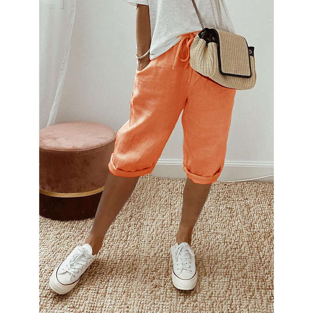 European American cotton en pocket elastic casual women's five quarter pants 2025 new style chic and elegant clothing