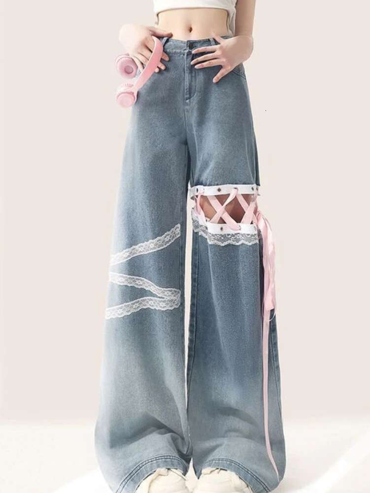 American Sweet Pantalones De Mujer Lace Patchwork Bandage High Waist Casual Loose Jeans Preppy Style All Match Women's Clothing