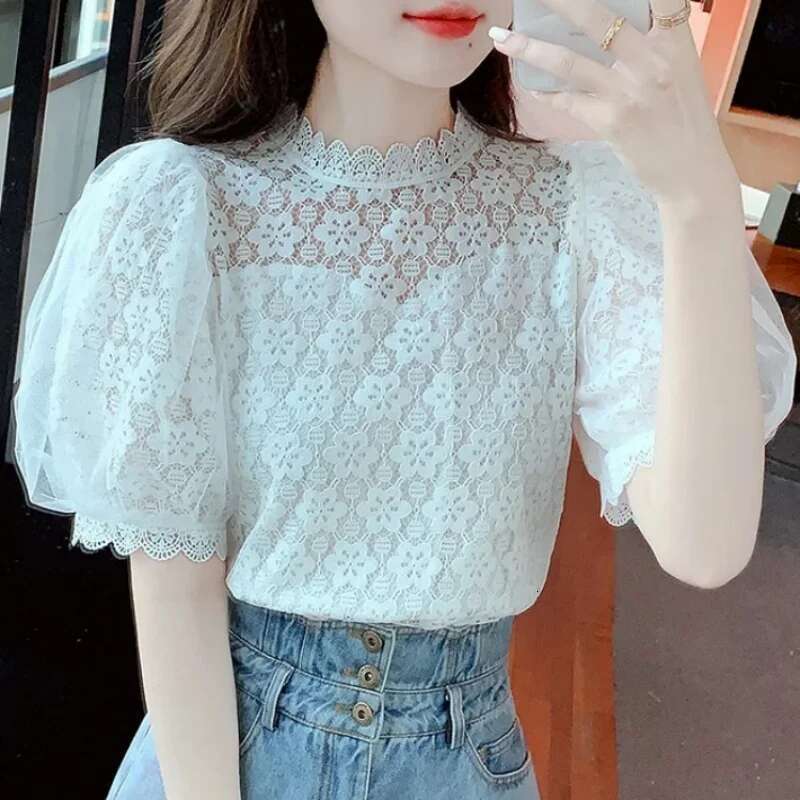 Summer Hollow Out Short Puff Sleeve White Blouse Sweet Lace Shirt Fashion Elegant Stand Collar Tops