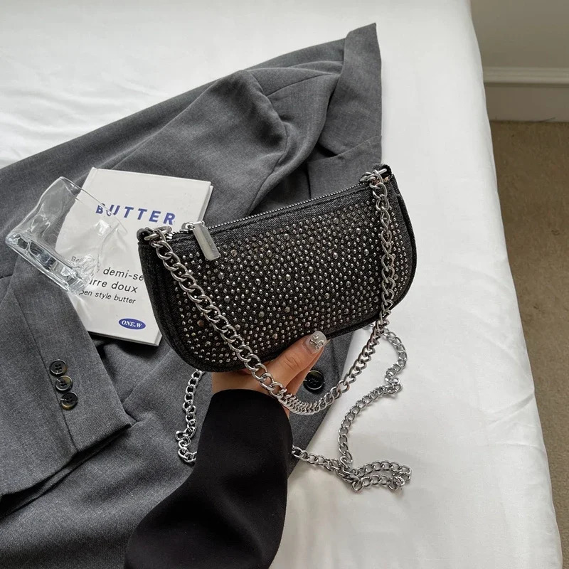 Womens Rivet Denim Crossbody Clutch Bags Versatile Chain Single Shoulder Sequined Handbags Female All-match Zipper Phone Purse 250306