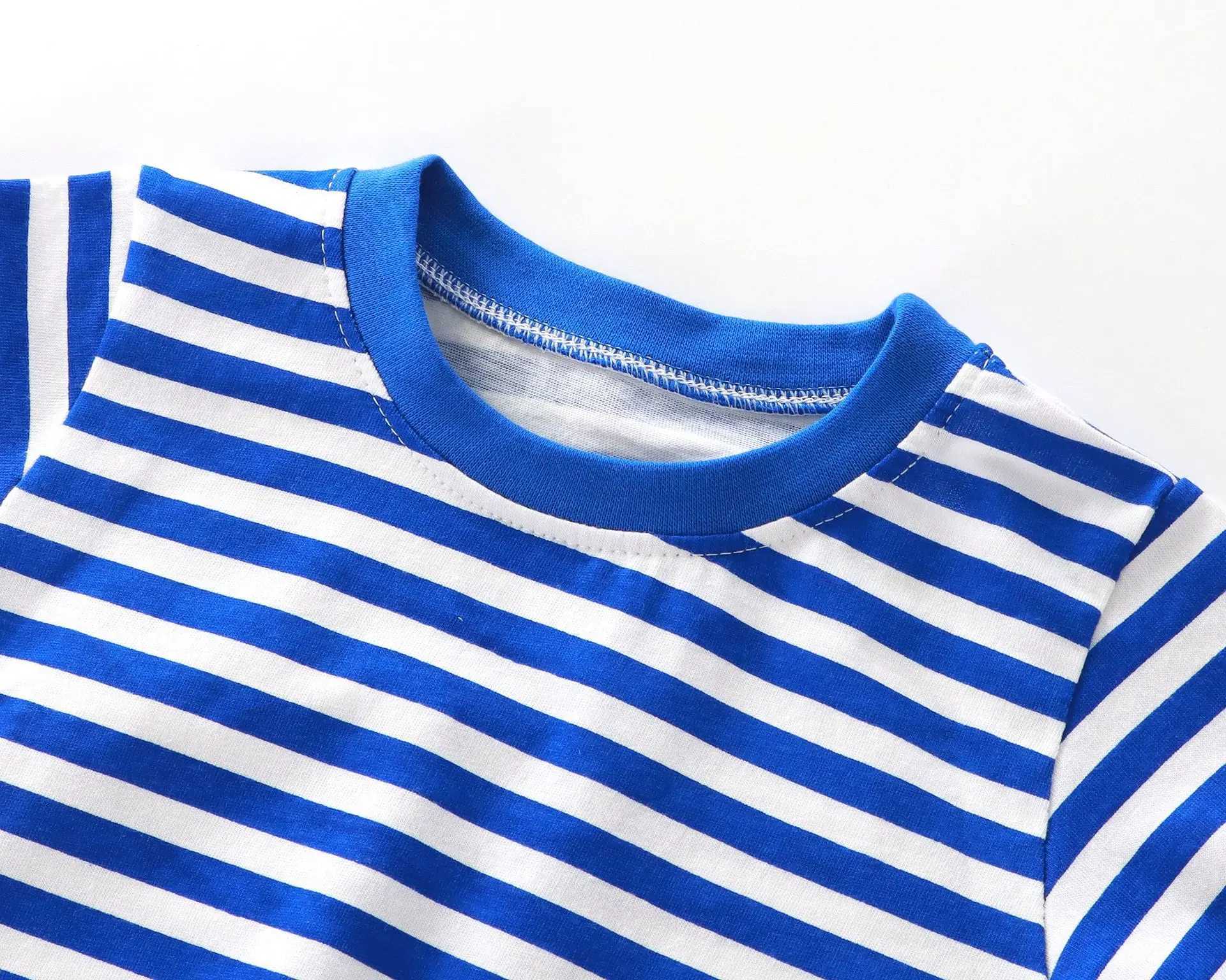 Summer Childrens Stripe Short Sleeve T-shirt Pure Cotton Boys and Girls Blue Red Pink White Stripe T-shirt for Boys and GirlsT250306