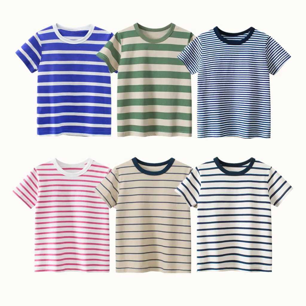 Children Striped T-Shirts 2023 Summer Short Sleeve Clothes for Boy 100% Cotton Kids Girls Casual Sport Top TeesT250306