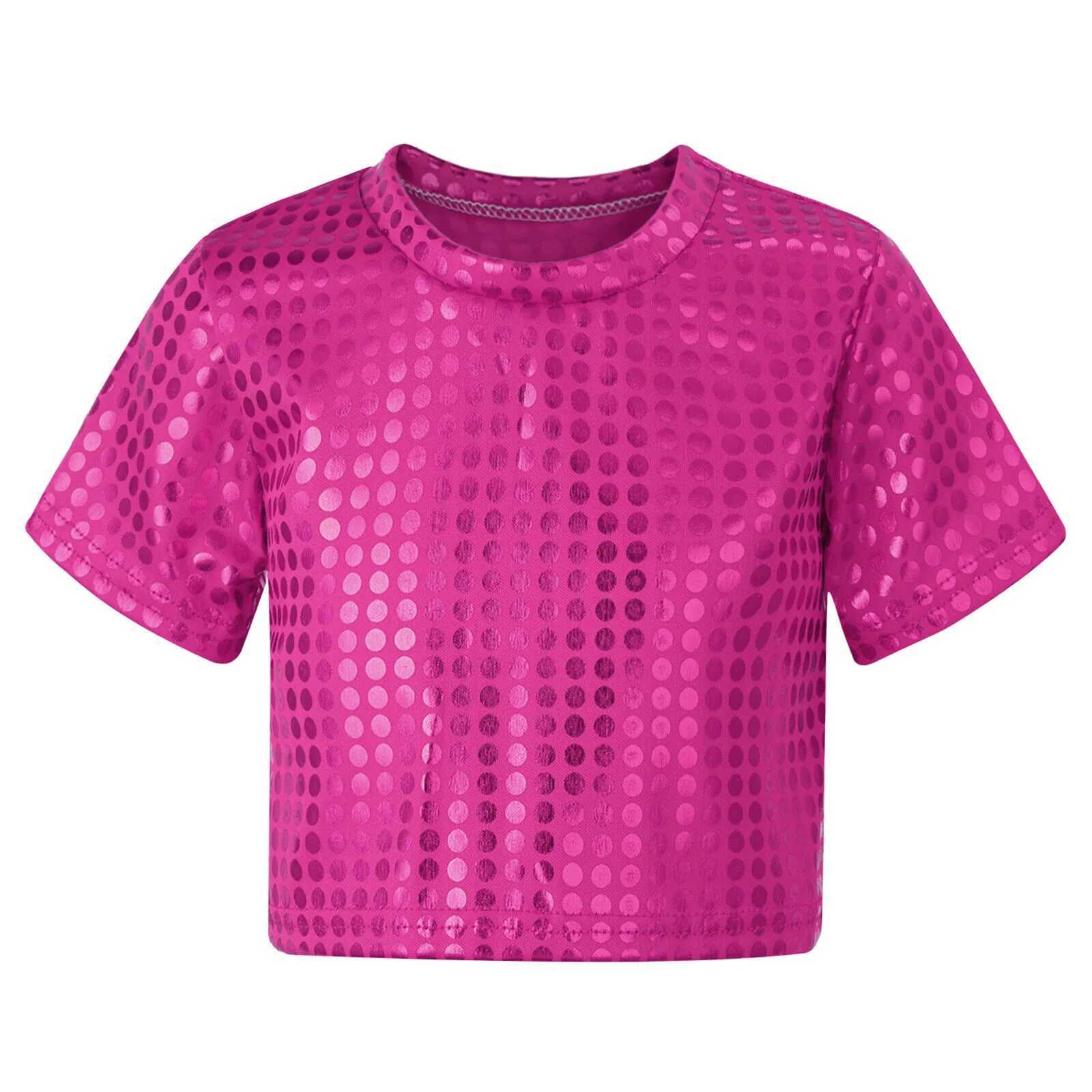 Jazz Dance Costumes Kids Boys Girls Shiny Sequins Short Sleeve Solid Color T-shirt Crop Tops Street Dance Stage Performance WearT250306
