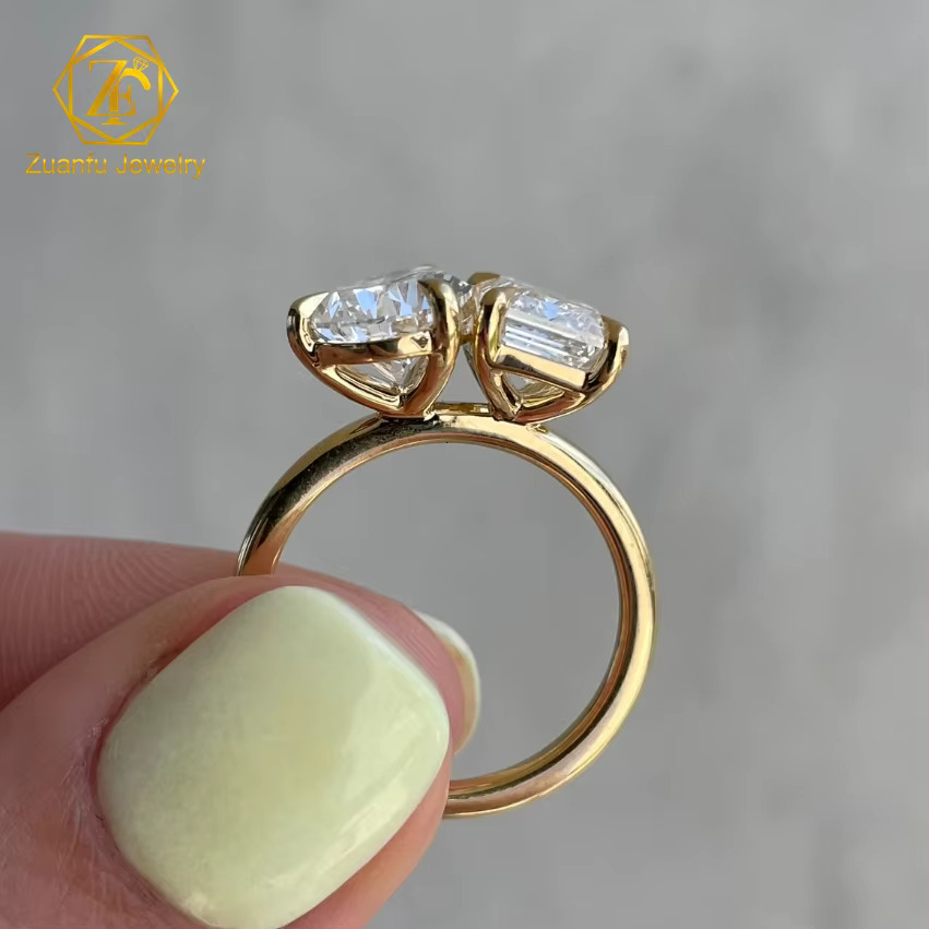 Yellow Gold 14K D+ Color FL Pear and Emerald Diamond Stone 2CT 3CT Toi Et Moi Double Setting Moissanite Wedding Ring for Women