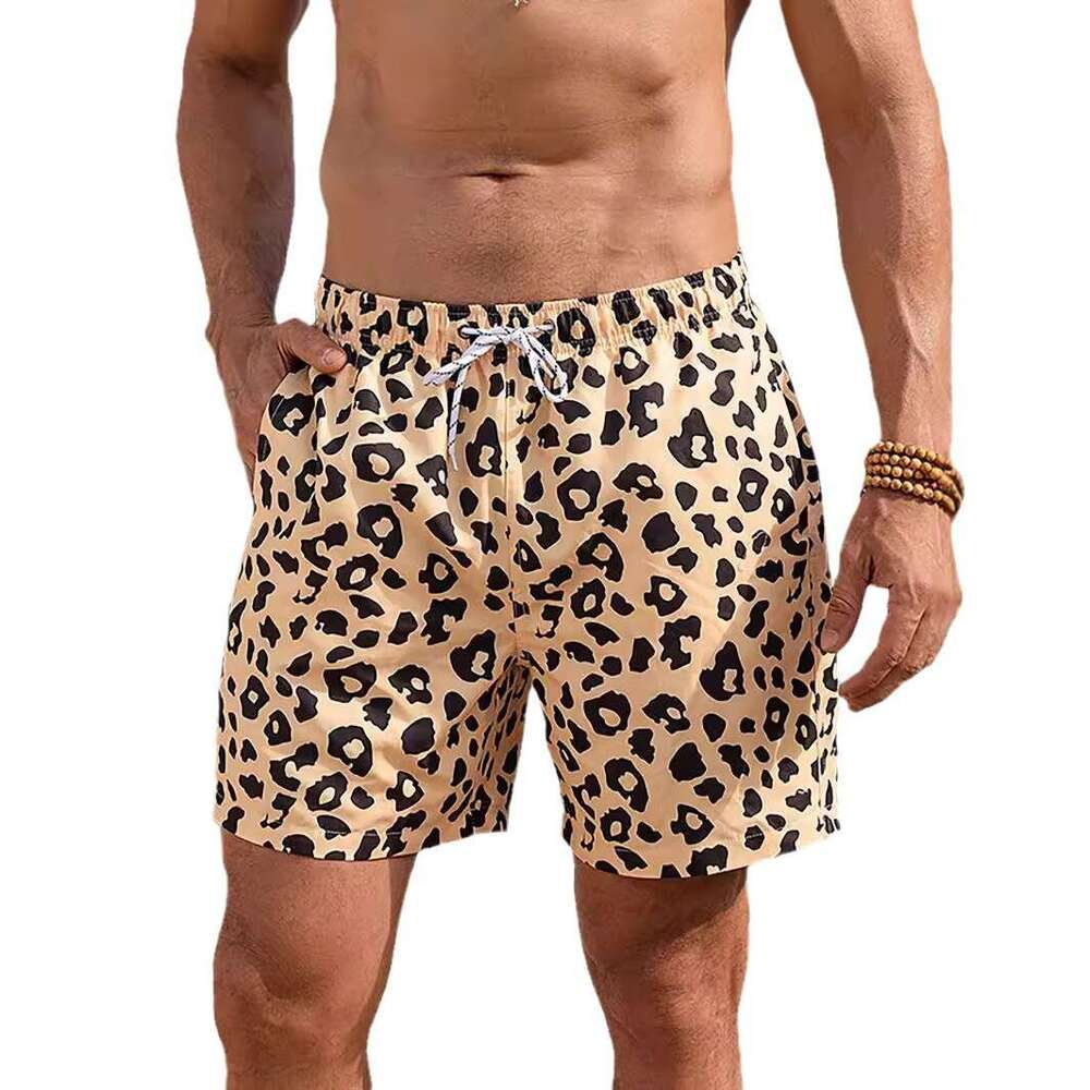 Men's leopard print men's quick drying water splashing shorts, loose oversized beach five quarter pants, 2025 new casual versatile fashion c