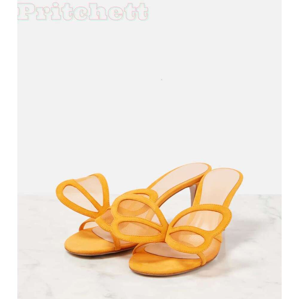Round Open Yellow Toe Slippers Thin High Heels Butterfly Gird Pull-on Stilettos Summer Women Shoes 2025 New Arrival