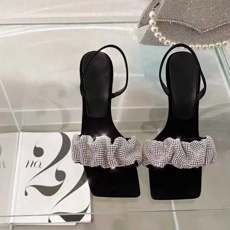 2024 New Summer Fi Design PU High H Womens Shoes Square Toe 7 Cm N Slip Rhine Pumps Bling Womens Sandals Y250306