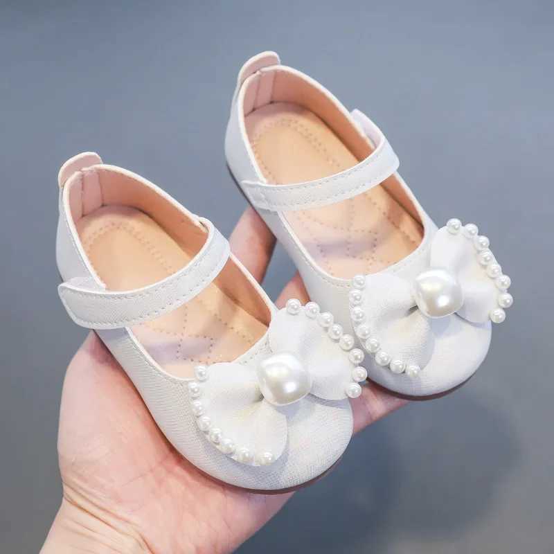 Solid Color Bow Simple Casual Pearl Cute Baby Girl Flats New 2024 Hook Loop Little Princess Soft Mary Jane Fashion Kids ShoesT250306