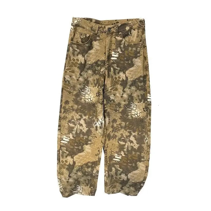 Gothic punk snake pattern camouflage wash bag jeans for men and women casual straight wide leg curved knife pants Harajuku streetwear 250306
