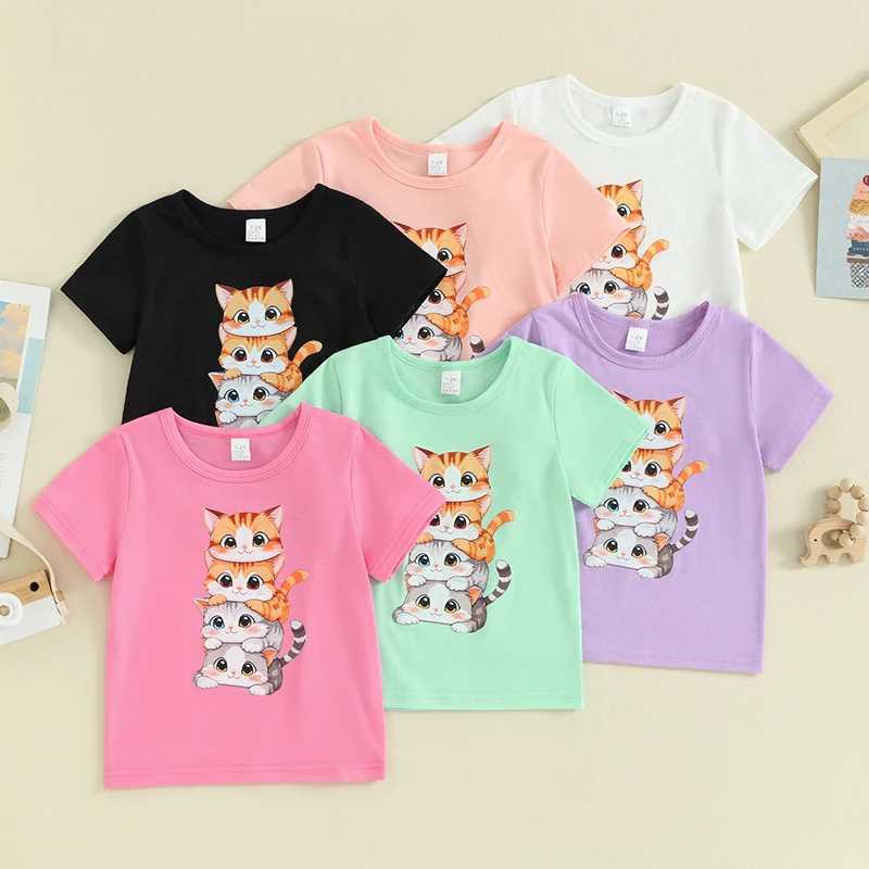 Pudcoco Summer T Shirt Cat Shirts For Girls Cartoon Graphic Tees Short Sleeve Crewneck Tops Size 1 To 8 Years Cute OutfitsT250306