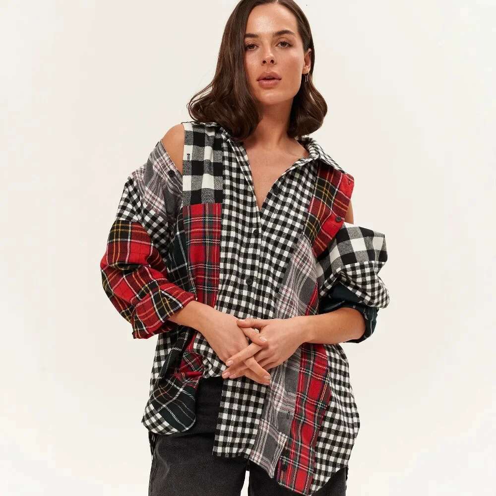 Fashionable Cross-Border New Women's Plaid Top Sensible Niche Design Spring Autumn Cotton Material Shirt Sleeve