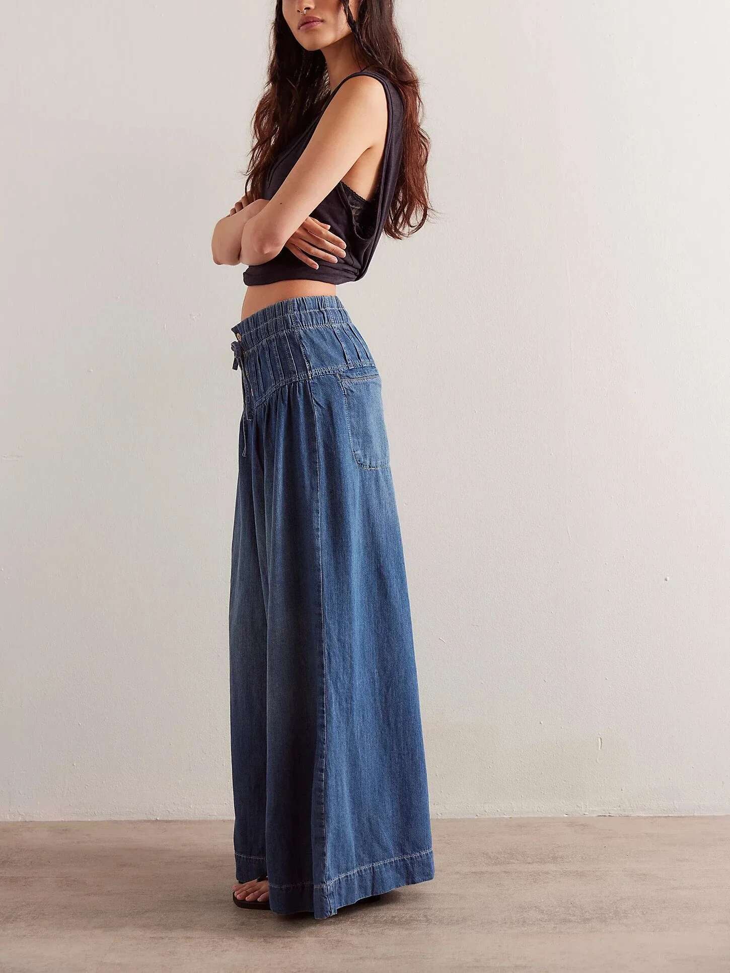 Canwedance Free Style Full Length Mid Waist Boho Folds Cotton Hippie Wide Leg Pants 3Xl Trousers Chic People Jeans