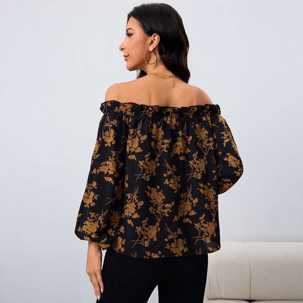 Women's Off Shoulder One Neck Women's Shirt Autumn And Winter New Floral Temperament Long Sleeved Top KLMY