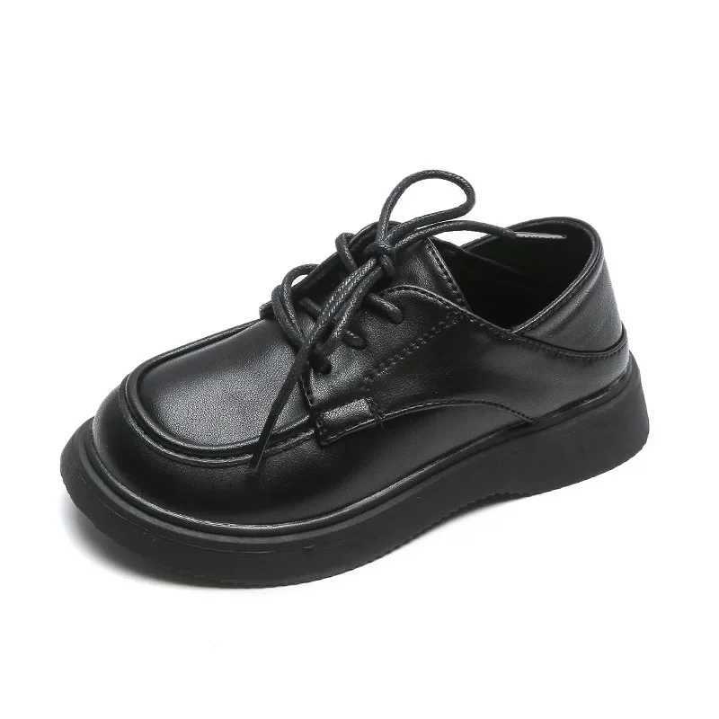 Children Little PU Black Shoes 2024 Spring New Britain Style Retro Loafers Japanese Lace-up School Shoes for Girls and Boys FlatT250306