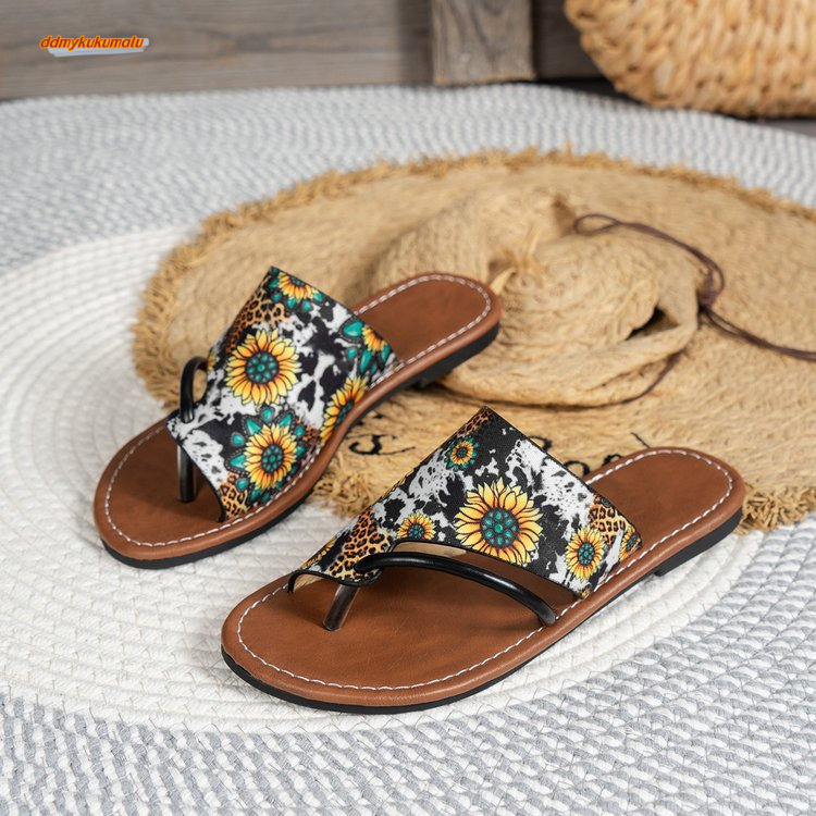 Sunflower Bohemian Style Set, Toe Fish Mouth Flat Beach Sandals, Summer Large Women's Shoes #ddmykukumalu