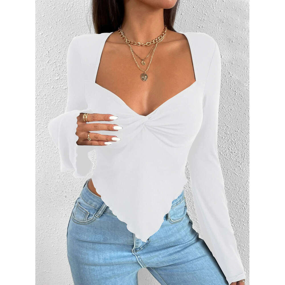 Women's Vacation V-Neck Flare Sleeve Waistband Irregular Knitted Long Sleeved T-Shirt Top KLMY