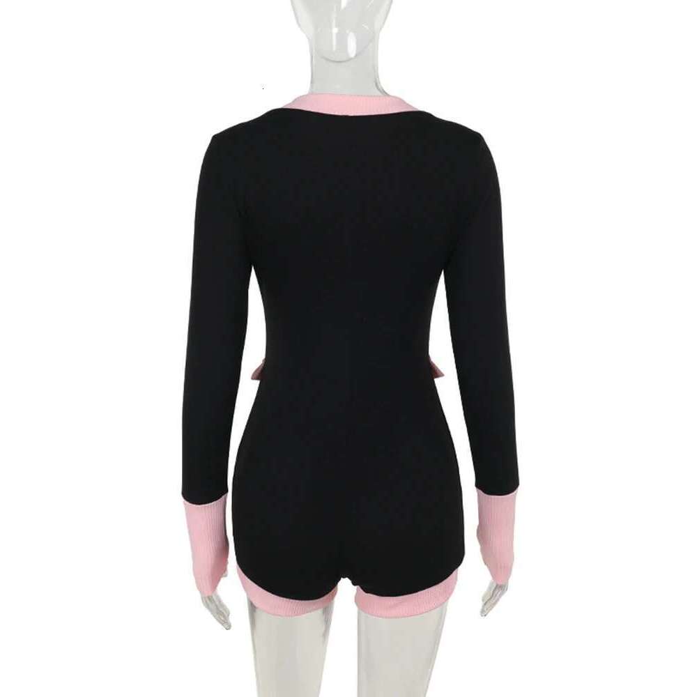 Sibybo Contrast Color Patchwork Playsuit Women Fashion Buttons O Neck Long Sleeve Slim Rompers Basics Bodycon Shorts Jumpsuits KLMY