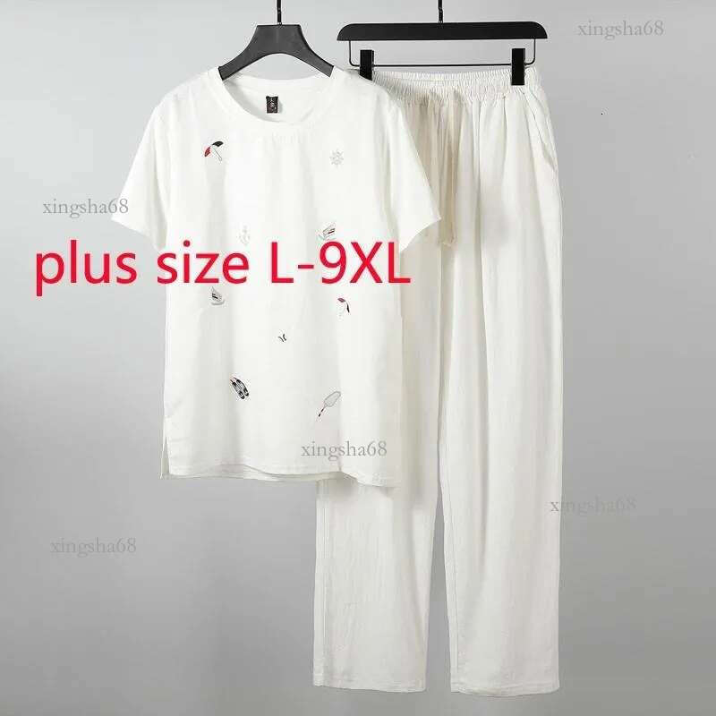 Men's T-Shirts Arrival Super Large Summer Cotton Linen Men Casual Short Sleeve Two Piece Set O-Neck Print T Shirt Plus Size L-9Xlmen's M