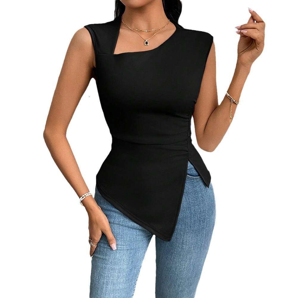 Women's Elegant T-Shirt 2025 Spring/Summer New Style Slant Neck Slimming Short Solid Color Top KLMY