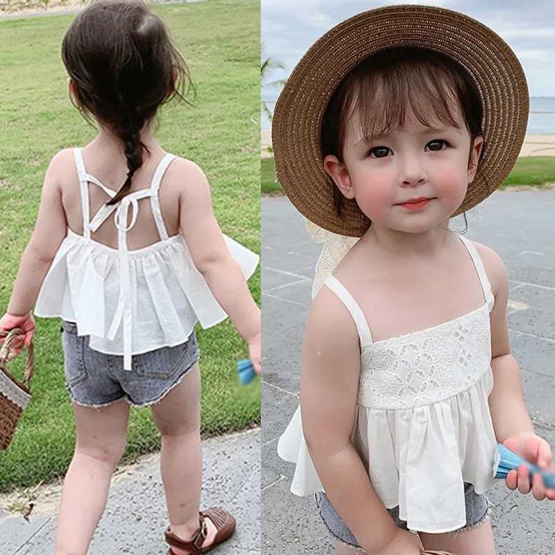 Summer Kids Girl Sling Top Sweet Sling Sleeveles T-shirt Children Clothing Short Tops Toddler Solid Color Bow VestT250306