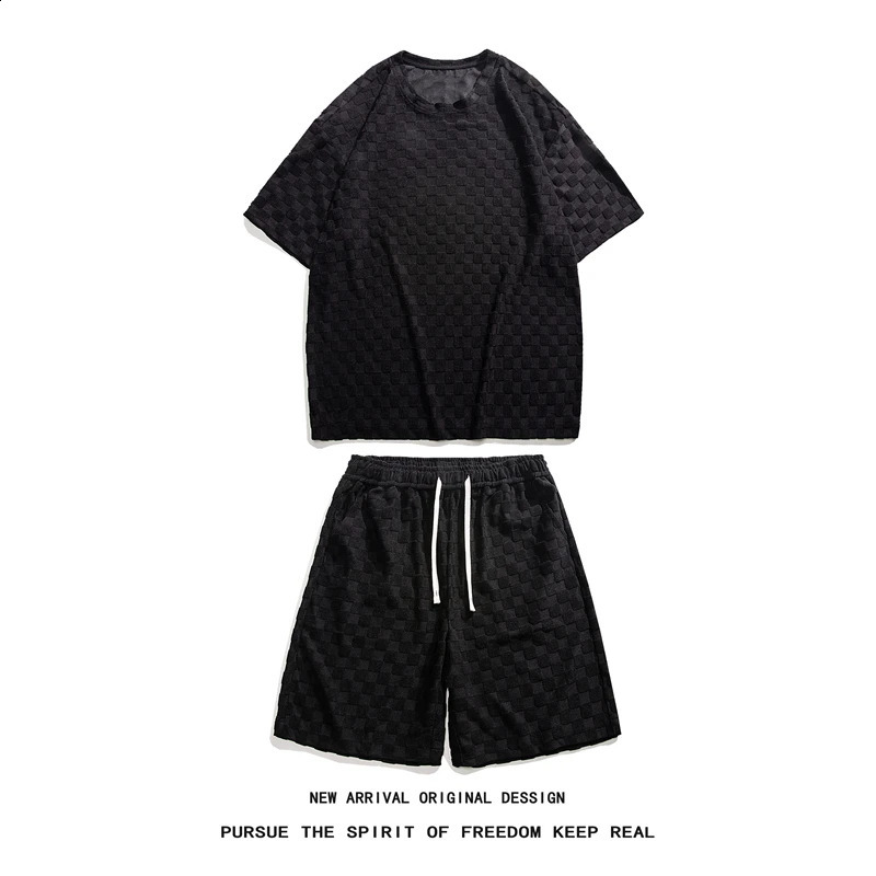 Mens Set Fashion Summer Loose Casual Plaid T Shirts And Shorts High Quality Korean Clothing Mens Clothes Big Size 5XL-M 250303