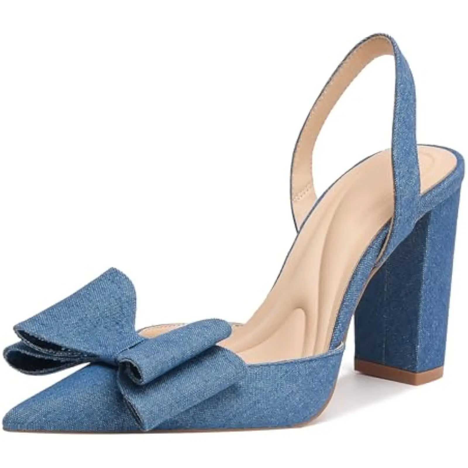 Wens Denim Chunky Heel Sandals Elegant Blue Bow Slingback with Closed Pointed Toe Slip- High H for Dressy Occasis Y250306
