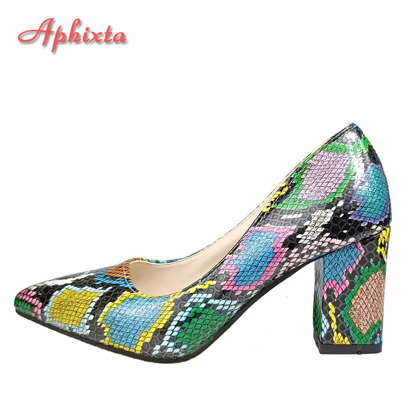 Aphixta Snake Prints 7cm Square Heels Pumps Women Shoes Crystal Pearl Sunflower Buckle Party Leisure Big Szie 35-46 250306