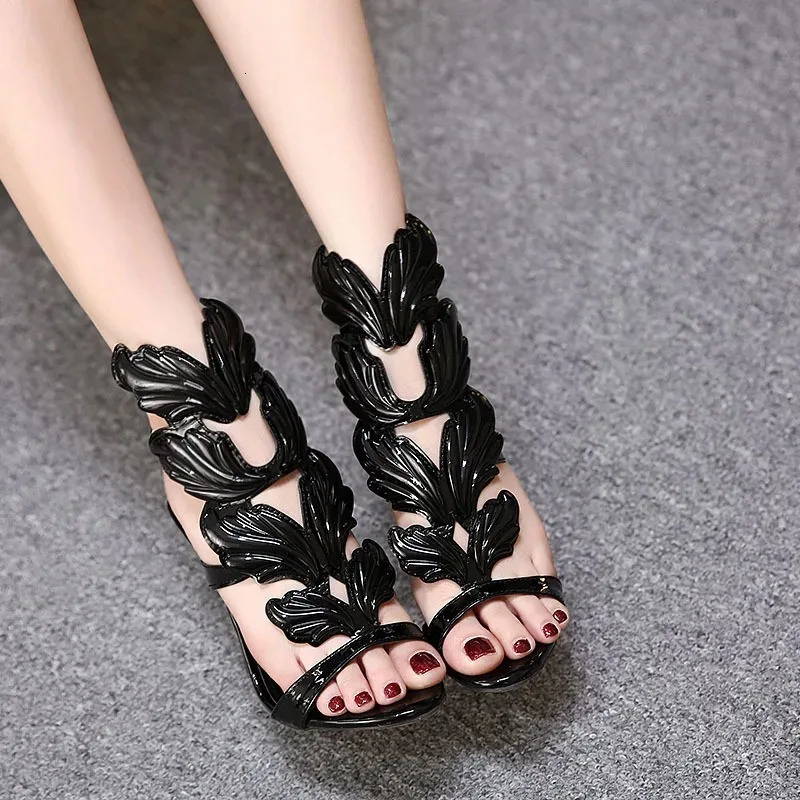 Rome Style Metal Wings Stiletto Womens Sandals Gold Patent Leather High Heels Fashion Ladies Open Toe Double Buckle Party Shoes 250306