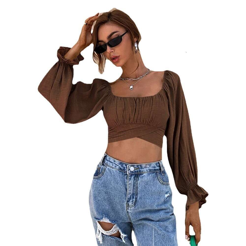 Spring/Summer New Sexy Style Tie Fit Square Neck Ultra Short Long Sleeved Women's Shirt Top For Women KLMY
