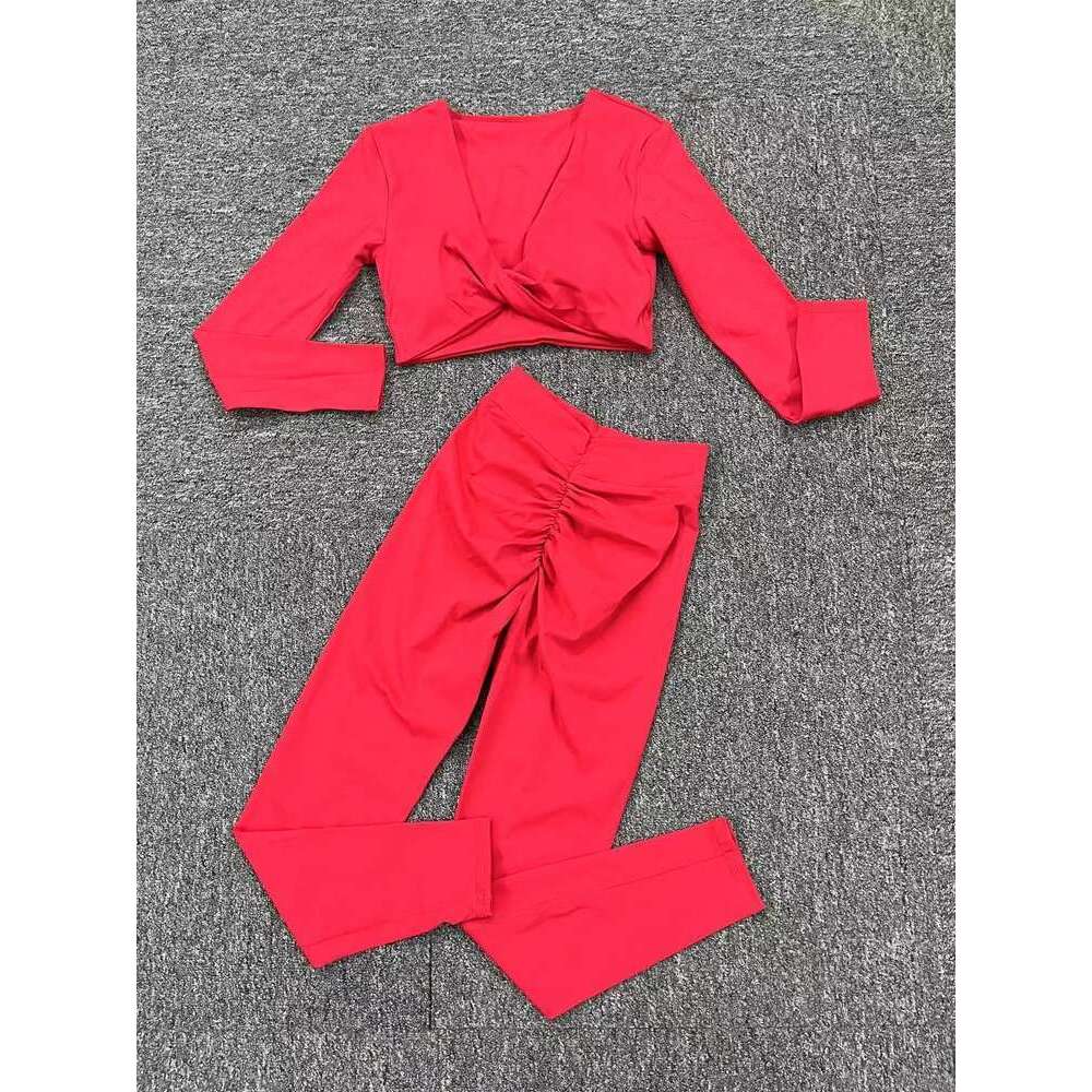 1/2Pcs Pad Long Sleeve Crop Tops Women Yoga Set Sport Gym Scrunch V Back Fiess Leggings Workout Pant Active Suits KLMY