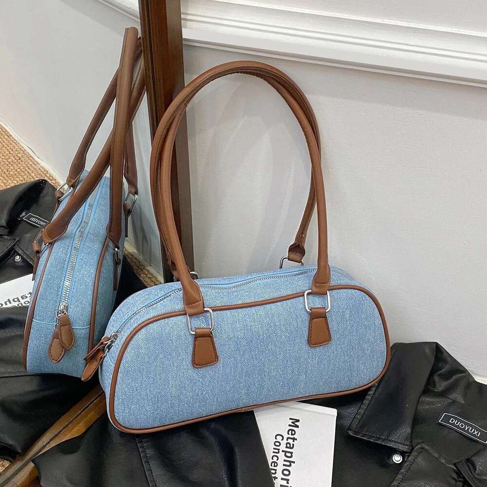 commuter large-capacity Fashion women's fashionable color-matching denim shoulder hand baguette bag