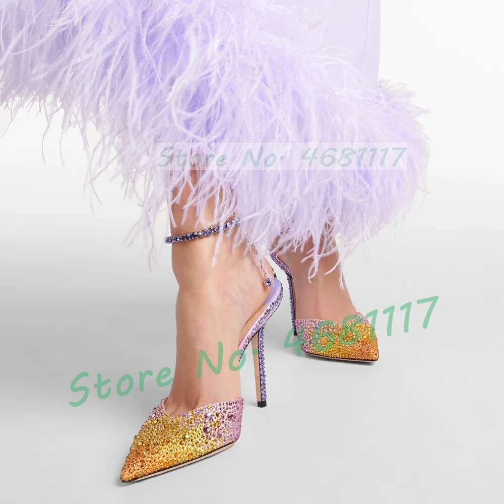 Shiny Gradient Crystal Pointed Toe Satin Sandals Women Wedding Colored High Heels Bg Ankle Strap Evening Dress Shoes
