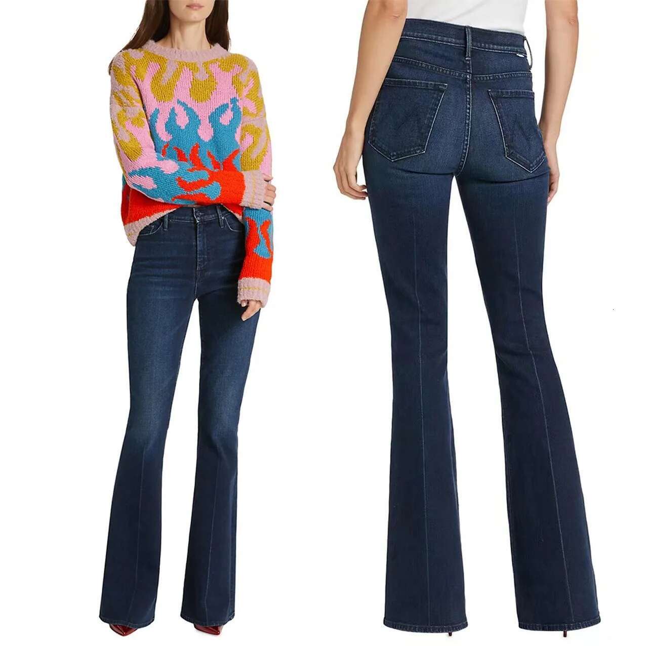 2024 Spring New High Waist Dark Blue Mide Slim Fit Flared Denim Women's Pants Trousers