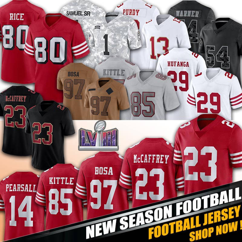 Christian McCaffrey Jersey Brock Purdy Football Nick Bosa Fred Warner George Kittle Deebo Samuel Sr Ricky Pearsall Jauan Jennings Brandon Aiyuk Talanoa Hufanga