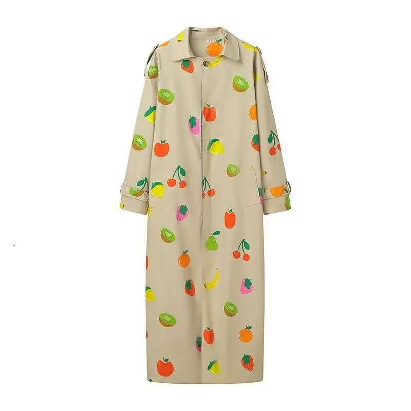 Autumn Winter Jacket Fruit Print Long Sleeve Trench Coat Niche Design Button Warm Overcoat 2024 High Street Lady Outerwear