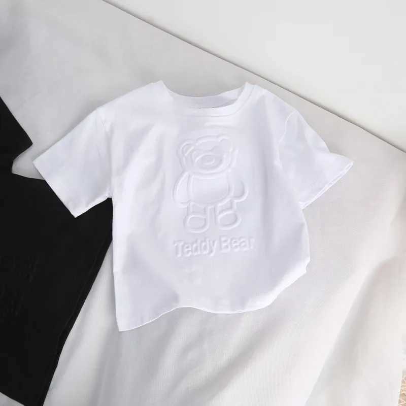 Cute Bear Printed Tops Boys Girls Summer New Clothing TShirt Solid Color Tops Children ThinCasual Loose Crew Neck Pullover ShirtT250306