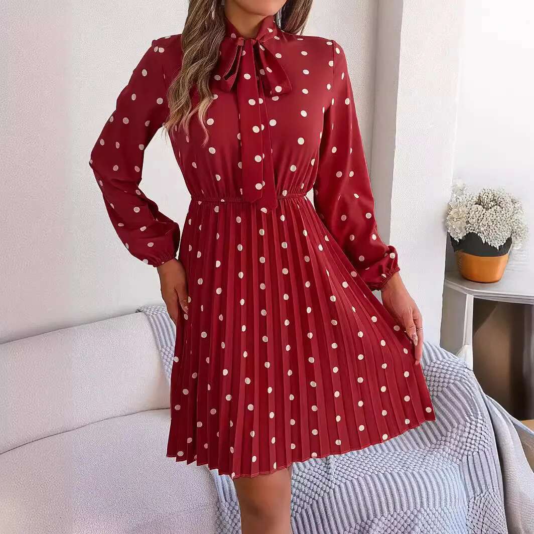2025 Spring Summer Women's Polka Dot Lace-Up Waist Tuck Long-Sleeved Pleated Dress For Women Elegant Office Laides Dresses